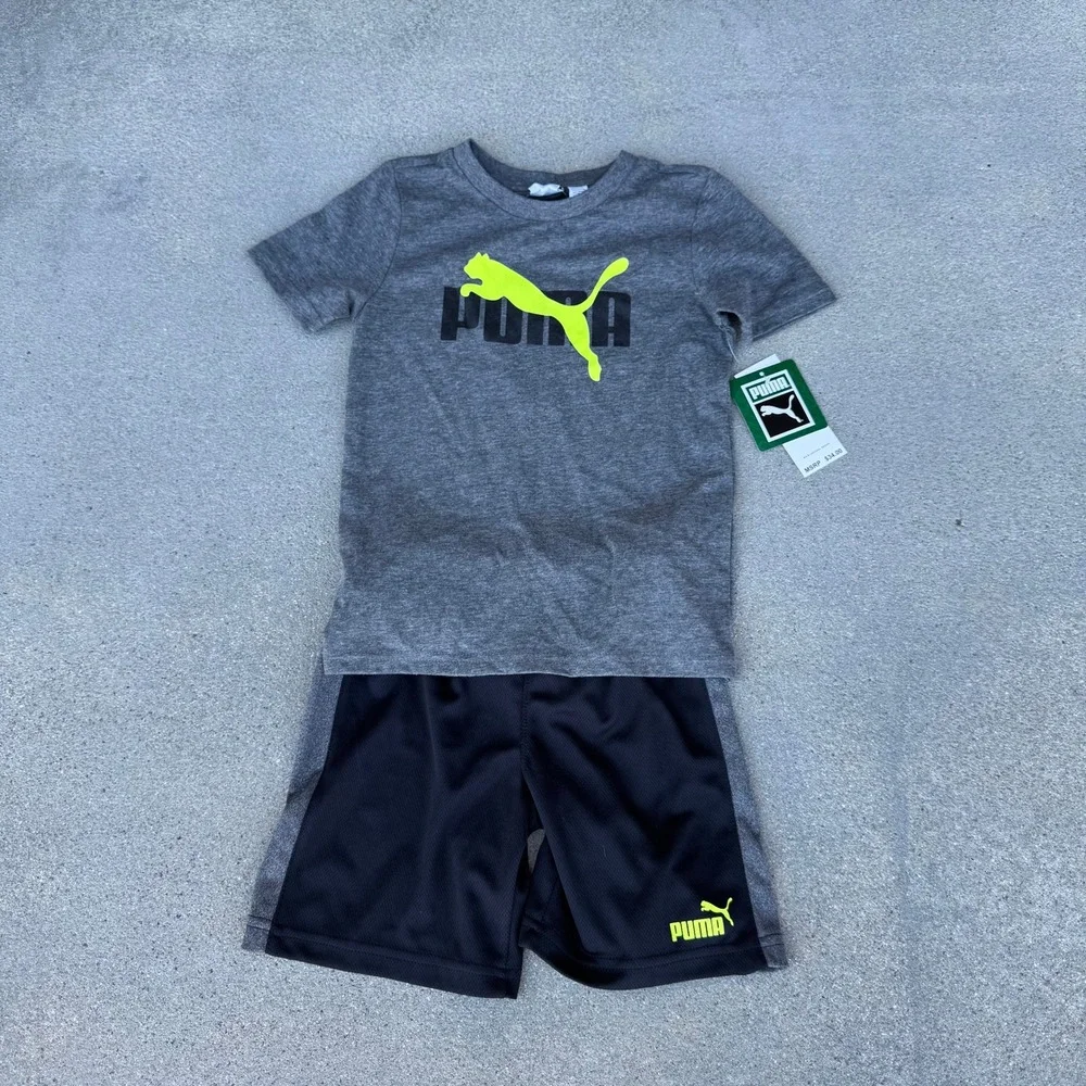 Puma Kids 2 Piece Set Charcoal Heather Logo T-Shirt Shorts‎